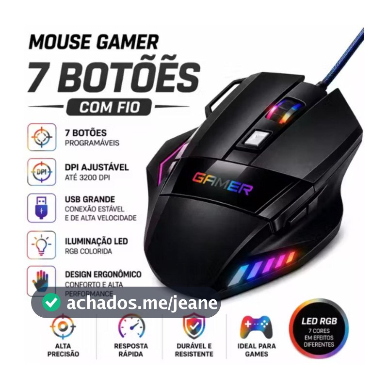 MOUSE GAMER COM FIO  7 BOTOES E 3 BOTOES MAUSE COM LED RGB 2.400 DPI ÓPTICO ILUMINAÇÃO COLORIDA PARA JOGOS VIDEO GAMERS
