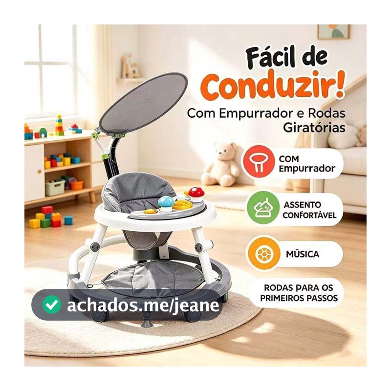 Andador Bebê Musical com Capota e Altura Ajustável - Para Meninos e Meninas, Seguro e Confortável