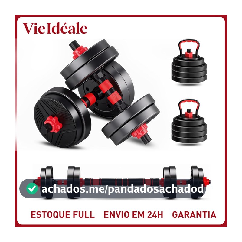 Kit 6 Em 1 Musculação 15kg Halteres Anilhas Barras Kettlebell Ajustáveis Academia Treino em Casa