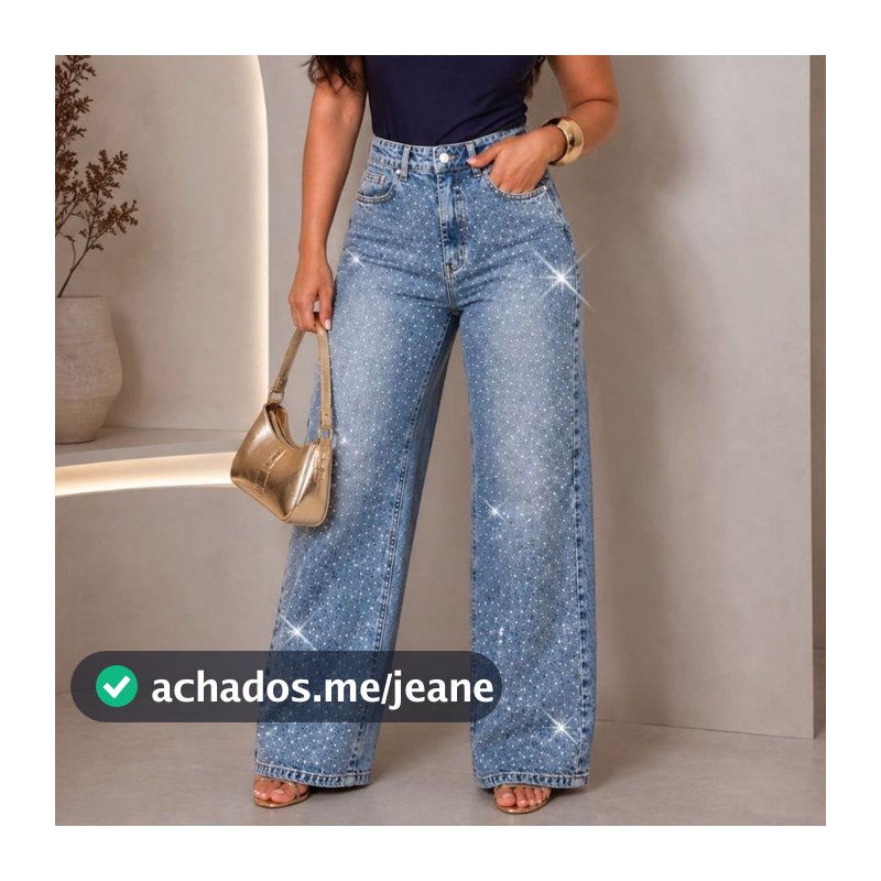 Calça Jeans Wide Leg Feminina BRILHO-STRASS Cintura Alta com Lycra Tendencia Linha Premium Blogueira