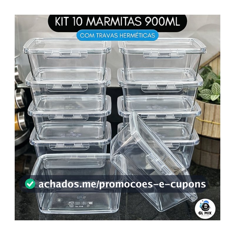 Kit 10 Marmitas com Travas 900ml BPAFREE Pote Plástico Freezer Microondas Fitness Refeição Alimento