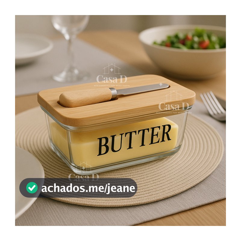 Manteigueira Porta Manteiga Wolff de Vidro com Espátula e Tampa de Bambu Requintada Grande Butter Estampada Mesa Posta