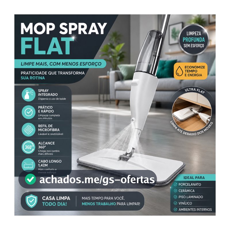 Mop Spray Cabo Longo 1,45m com Reservatório e Refil Microfibra Rodo Mágico Esfregão para Limpeza -CH