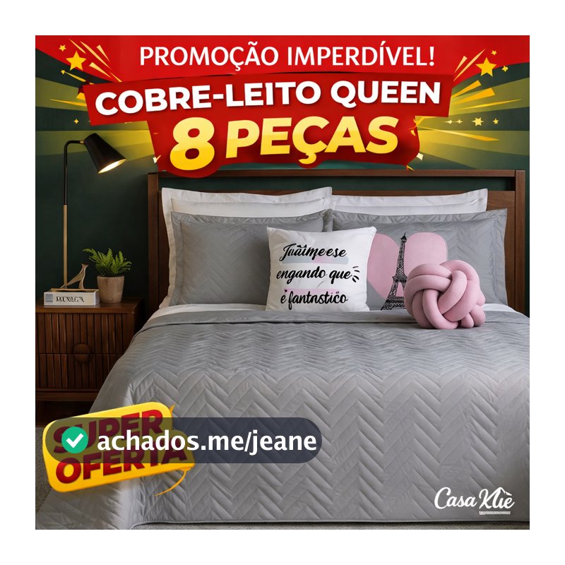 Kit Cobre Leito 08 Peças Elegance Colcha Casal Queen