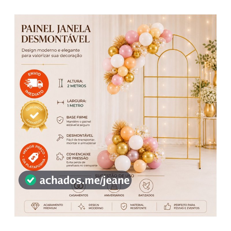 Arco de Festa Metálico Painel Portal Suporte Janela 2 metros Dourado Ideal para Festas, Aniversários e Casamentos