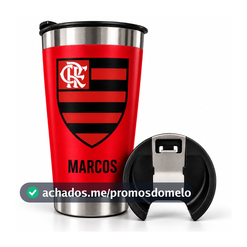 Copo Térmico Inox 473ml com Abridor e Tampa - Personalizado Time Vermelho e Preto RJ – Com Nome | Presente para Torcedor
