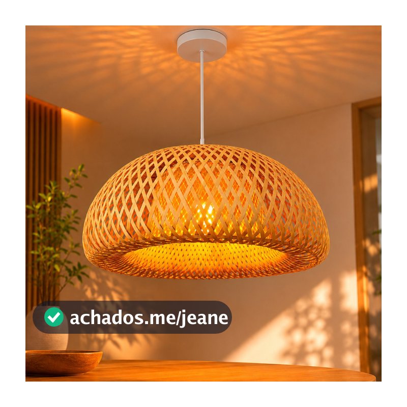 Luminária de Teto Lustre Pendente Bambu Malibu Rústico 35cm Fio Branco Trançado Artesanal Natural