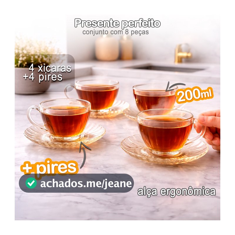 Conjunto 4 Xícaras de Chá Vidro Âmbar com Pires Elegante