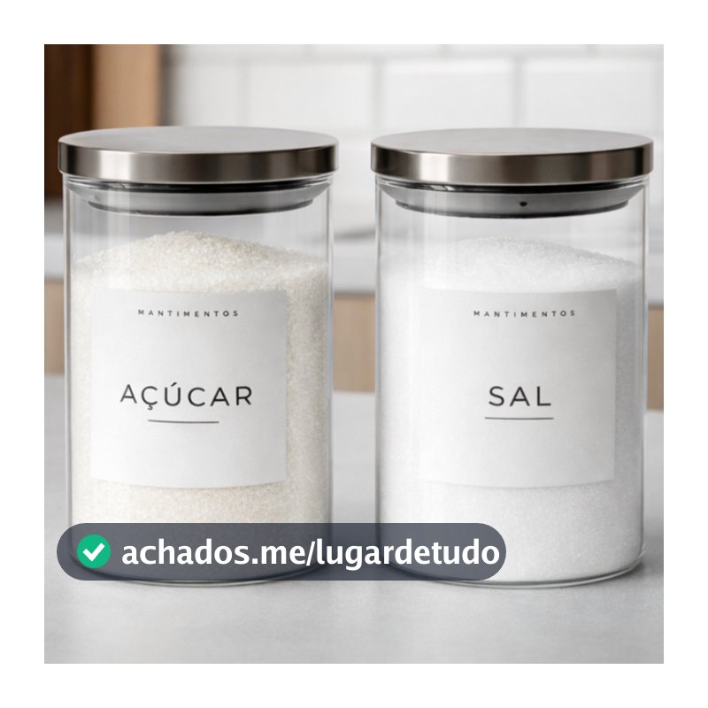 Kit 2 Potes Herméticos Vidro Transparente Tampa Inox 1L  Mantimentos Etiquetas Brancas Açúcar e Sal