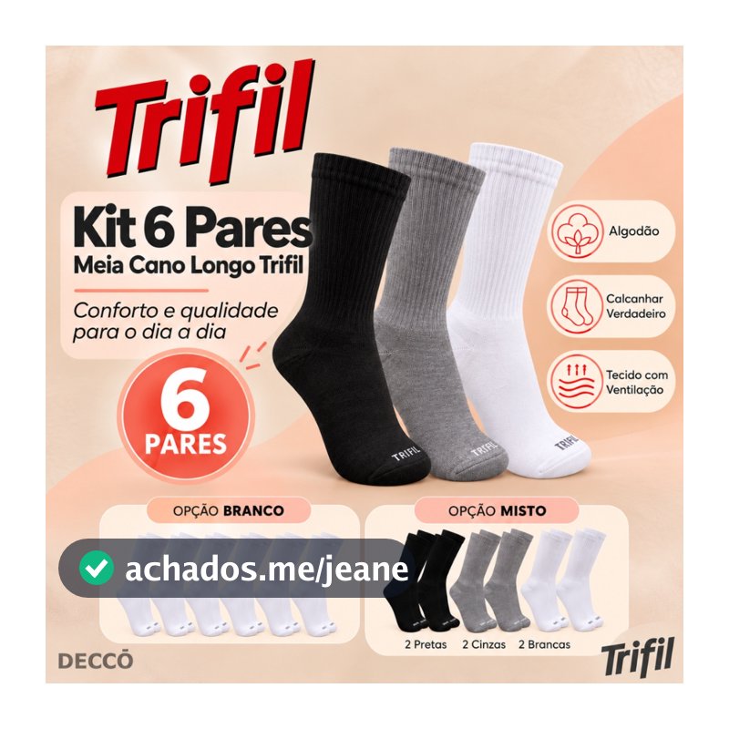 Kit com 6 Pares de Meias Modelo Cano Longo Trifil Sport Lisa Básica Calcanhar Verdadeiro Esportiva