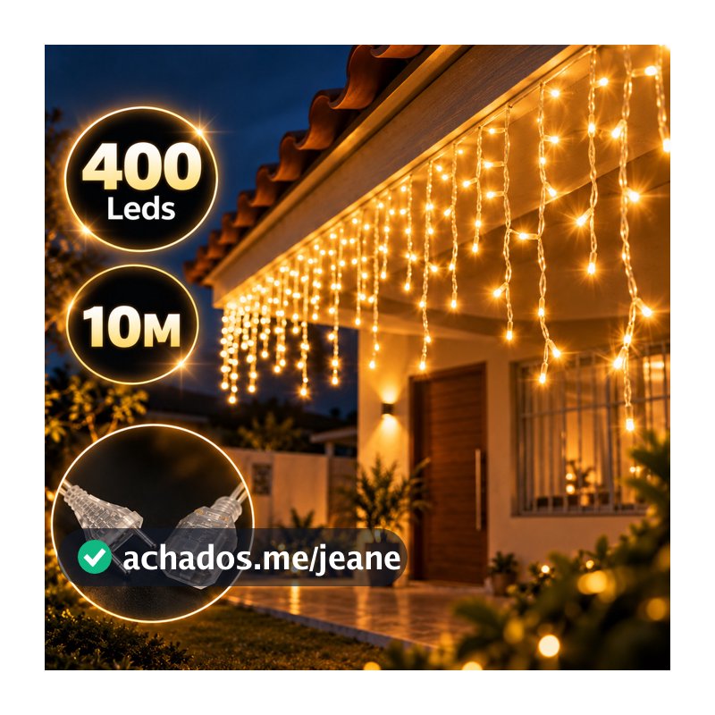 Cascata 400 LEDs 10 Metros Branco Quente 8 Funções Fio Branco 110V ou 220V