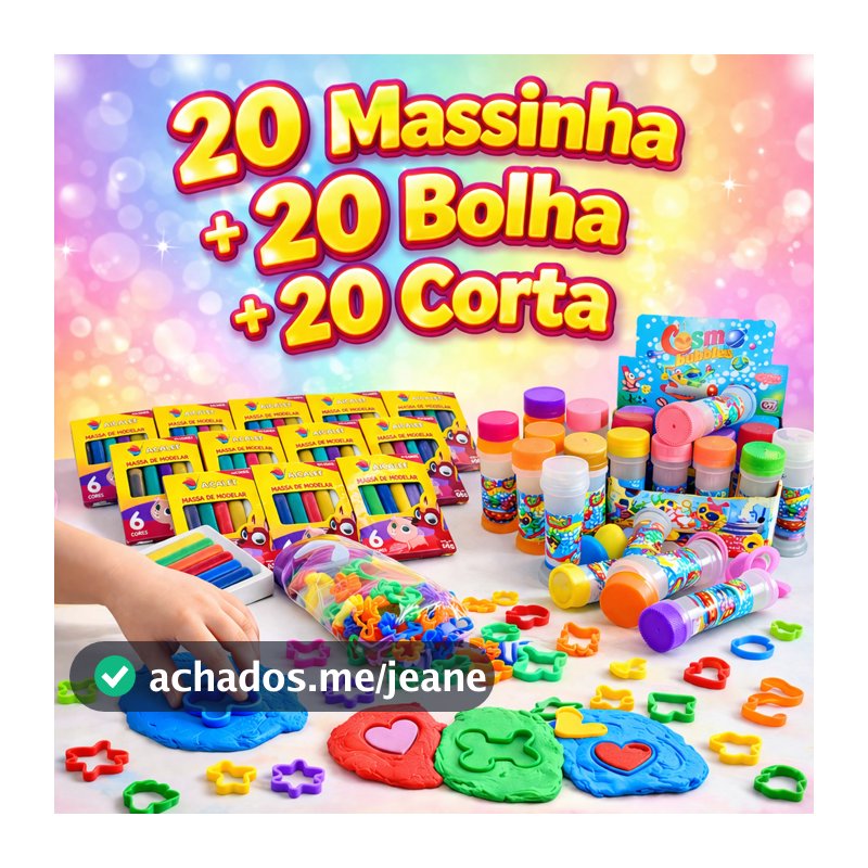 Kit 20 Cx Massinha de Modelar + 20 Bolha de Sabão + 20 Cortador Molde Festa Lembrancinha Infantil