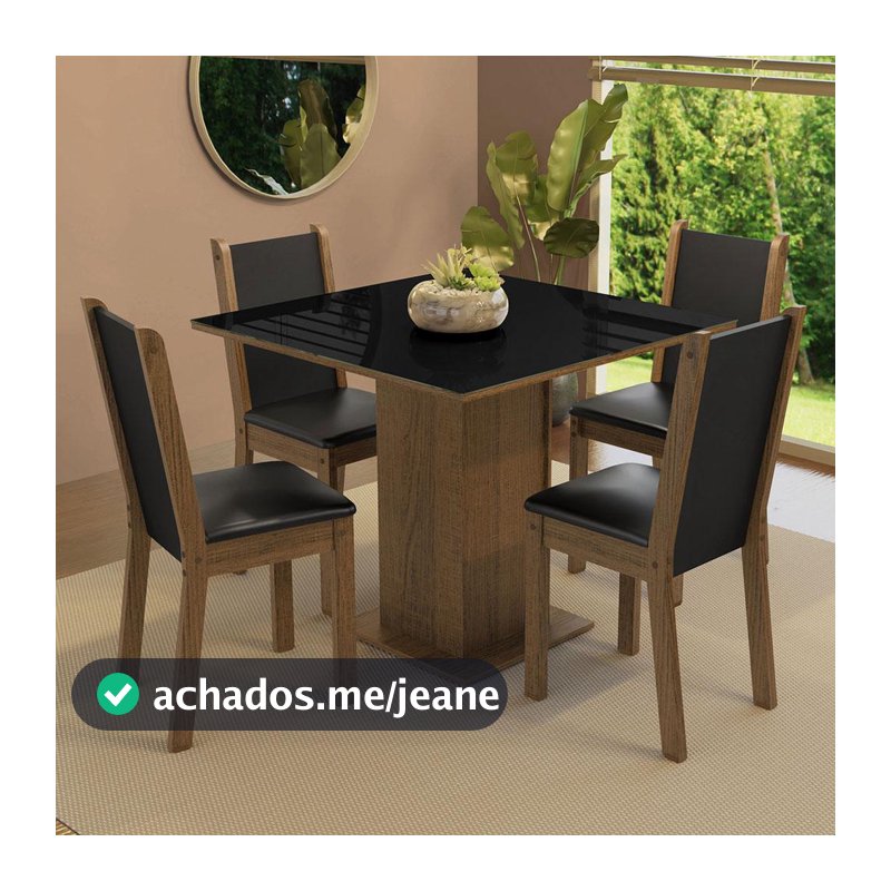 Conjunto Sala de Jantar Mesa Tampo de Vidro 4 Cadeiras Rustic/Preto Tifani Madesa