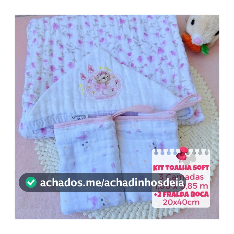 Kit Toalha de Banho de Bebê Fralda Soft 3 camadas com capuz +  2 panos de boca soft