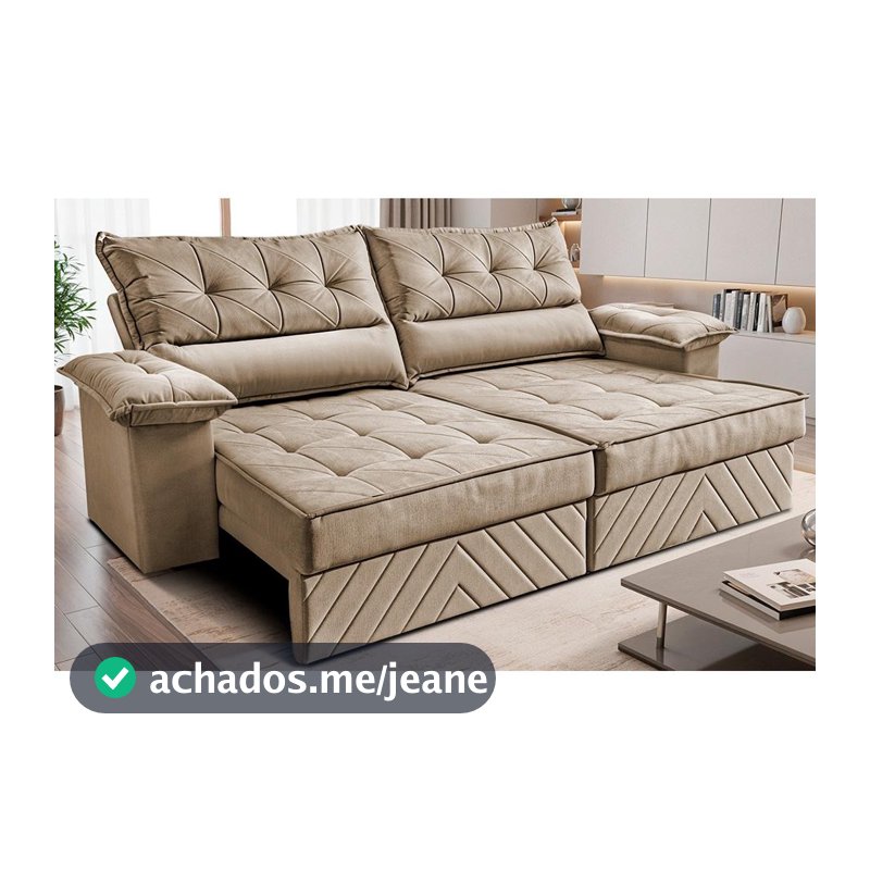 Sofá Retrátil e Reclinável 2,40m com Molas e Espuma D33 Thunder Velusoft Bege Cama inBox