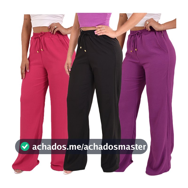Kit 3 Calças Pantalona Feminina Cintura Alta Moda Tendência .