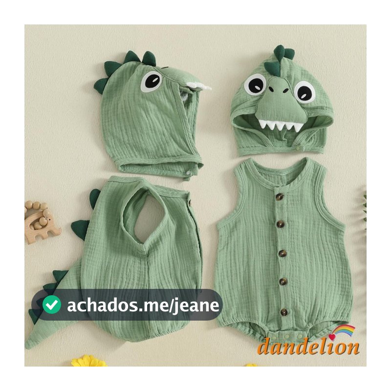 Bebê Recém-Nascido Menino Halloween Dinossauro Cosplay Traje , Macacão sem mangas com gola redonda e botões, com chapéu