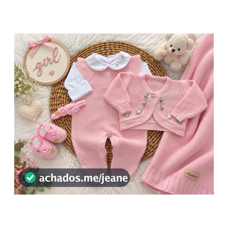 Saída de Maternidade Menina em Tricô com Jardineira, Casaquinho e Manta – Bebê RN / Tamanho P