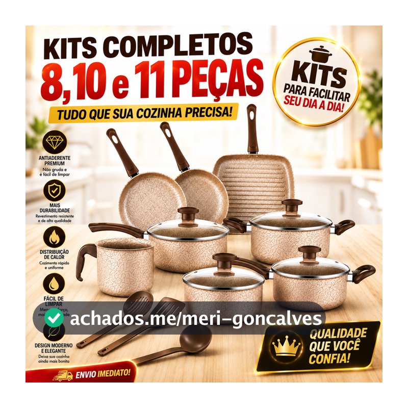 Jogo de Panelas Antiaderente, Kit com 8, 10 ou 11 Peças - Com Tampas de Vidro e Utensílios