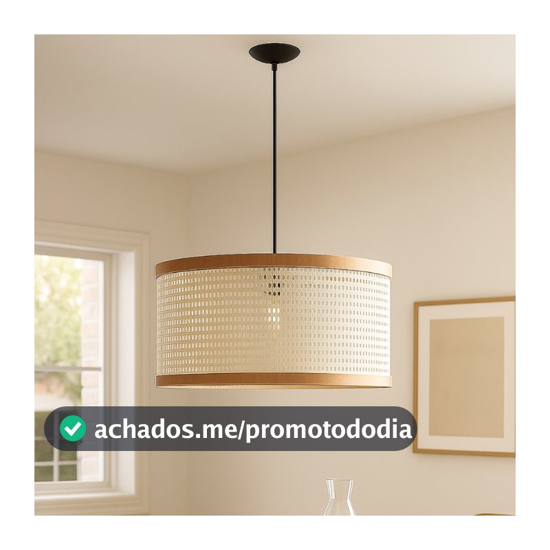 Luminária de Teto Lustre Pendente Tela Rattan Rústico Fibra Sintética Sala Cozinha