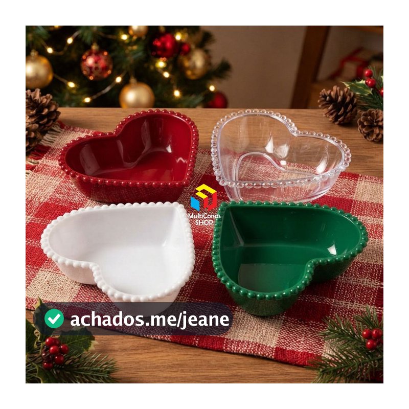 Natal – 10 Petisqueiras Cumbuca Bowl 300ml em Formato de Coração | Acrílico com Borda de Bolinhas para Sobremesas