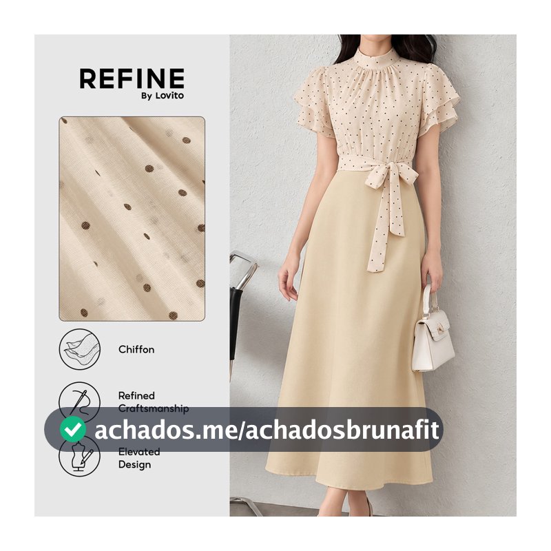 (Refine by Lovito) Vestido Feminino Chiffon Apricot Com Poás Babado Costura Em Tecido Amarrado Aline Para Trabalho DRR43P1D037