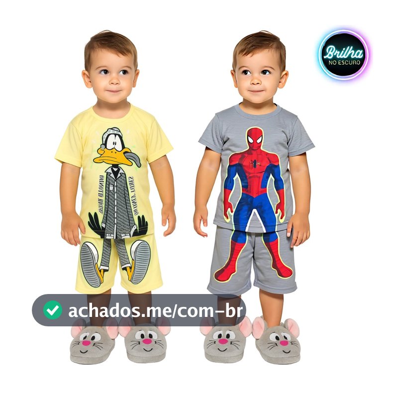 Conjunto Pijama Brilha no Escuro Personagens Menino Infantil Mickey Homem Aranha Malha Levinha