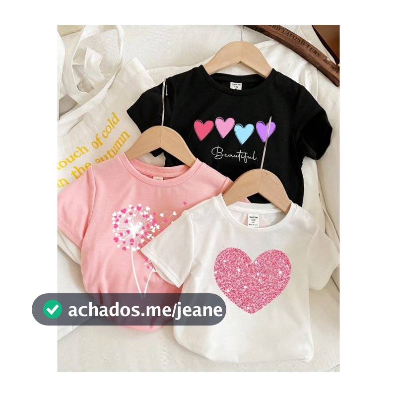 Kit 3 Camiseta Infantil Feminina Coração Fofinha Minimalista Blusa Para o Dia a Dia Style Luxo