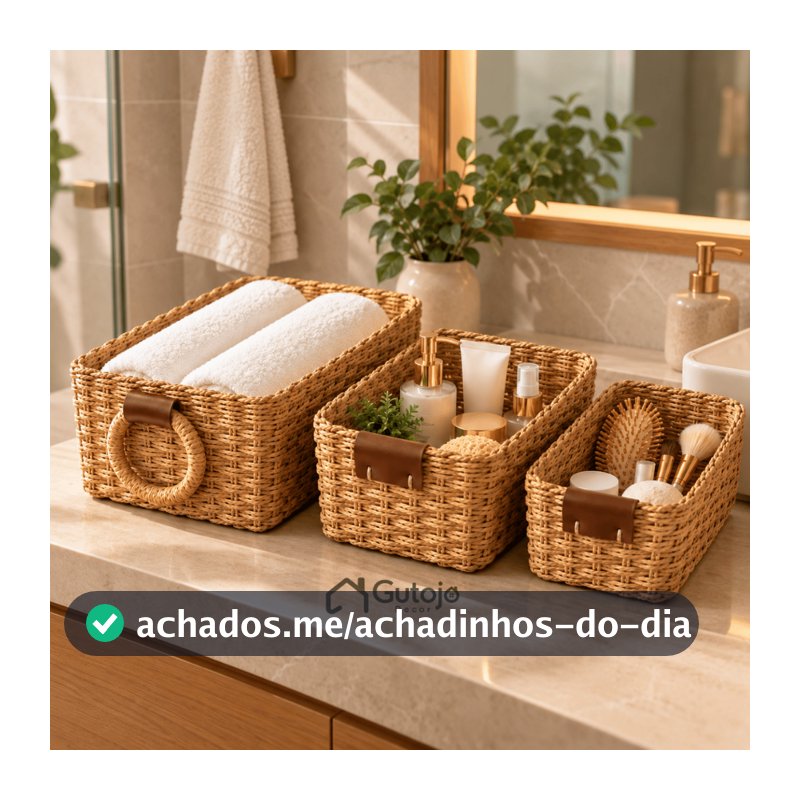 kit 3 Cesto Organizador Artesanal De Palha Para Casa Banheiro Cozinha Boho Natural decoração Retro