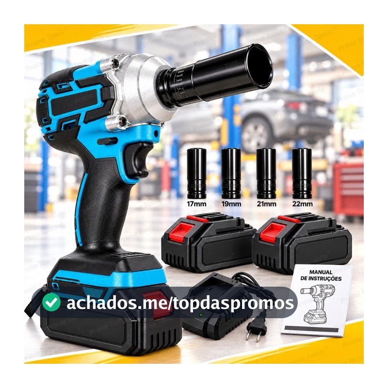 Chave de Impacto Elétrica Sem Fio a Bateria de Lítio Kit 2 Baterias 4 Soquetes Carregador Rápido para Rodas e Porcas