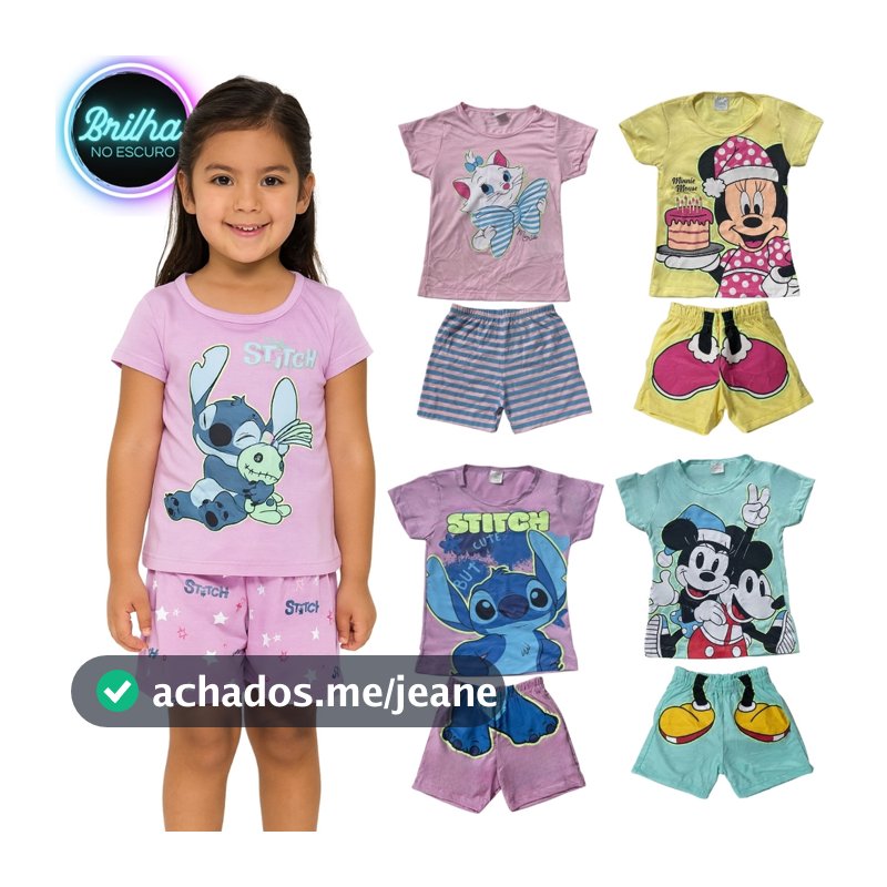 Conjunto Pijama Brilha no Escuro Personagens Menina Infantil Minnie Stitch Malha Levinha