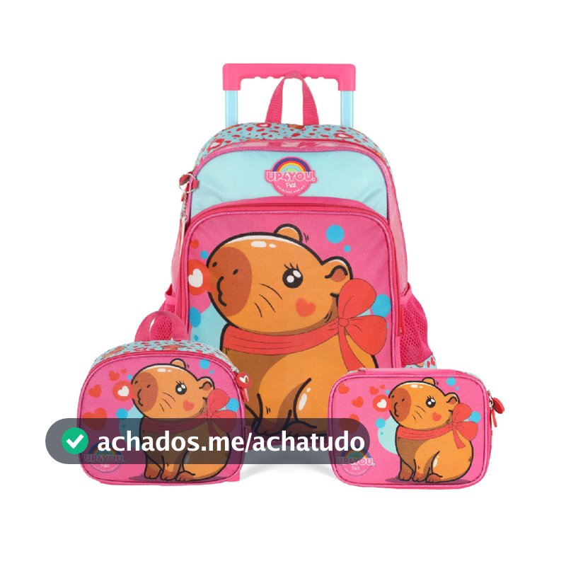 Kit Mochila Roda Capivara Pink com Lancheira e Estojo Box