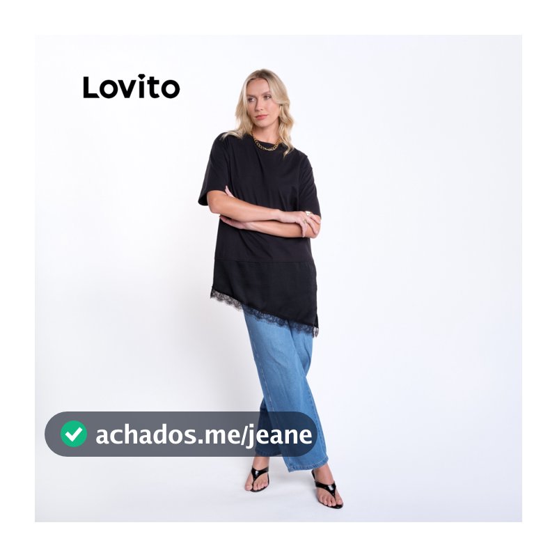 Lovito Camiseta Renda Moda Trendy Feminina com Barra Assimétrica TSB20412071