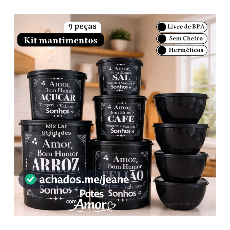Kit com 9 potes para mantimentos de cozinha de plástico decorado