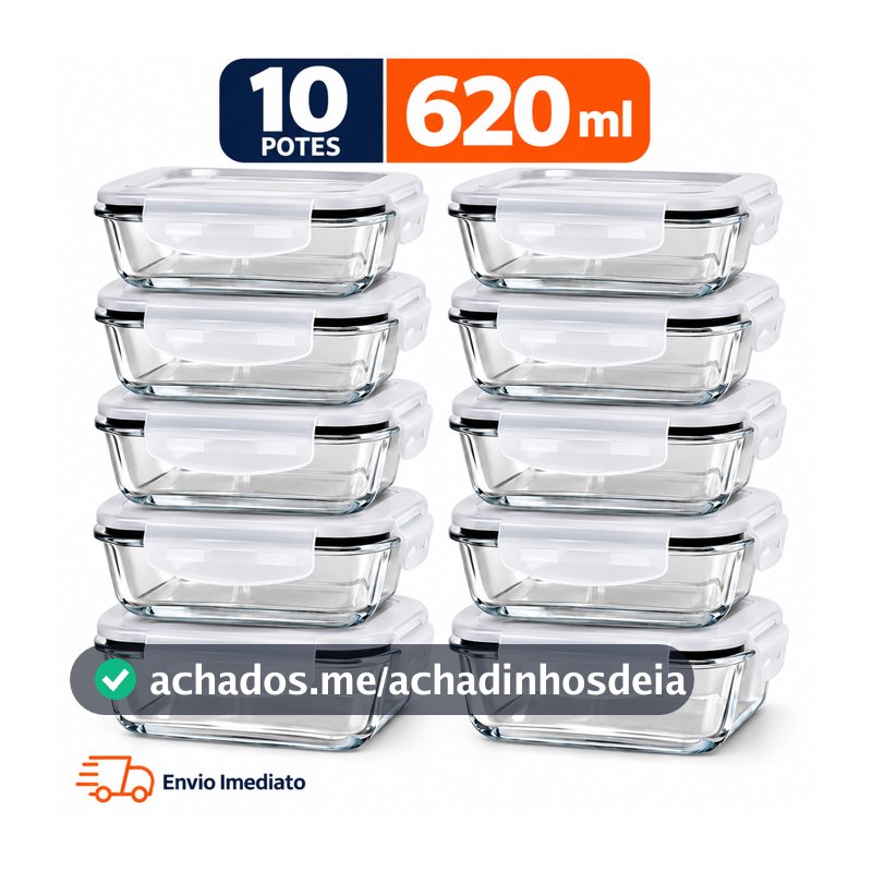 Kit 5 ou 10 Potes de Vidro Herméticos 620ml Tampa 4 Travas Marmita