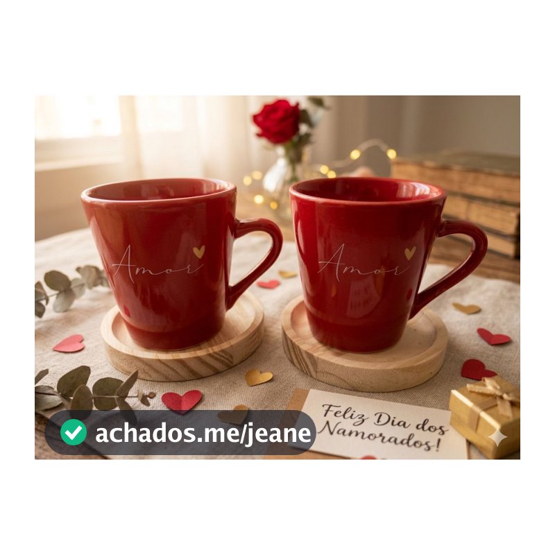 Kit 2 Xicaras / Canecas Porcelana Vermelha 120ml C/ Pires De Madeira Redondo Amor Spot