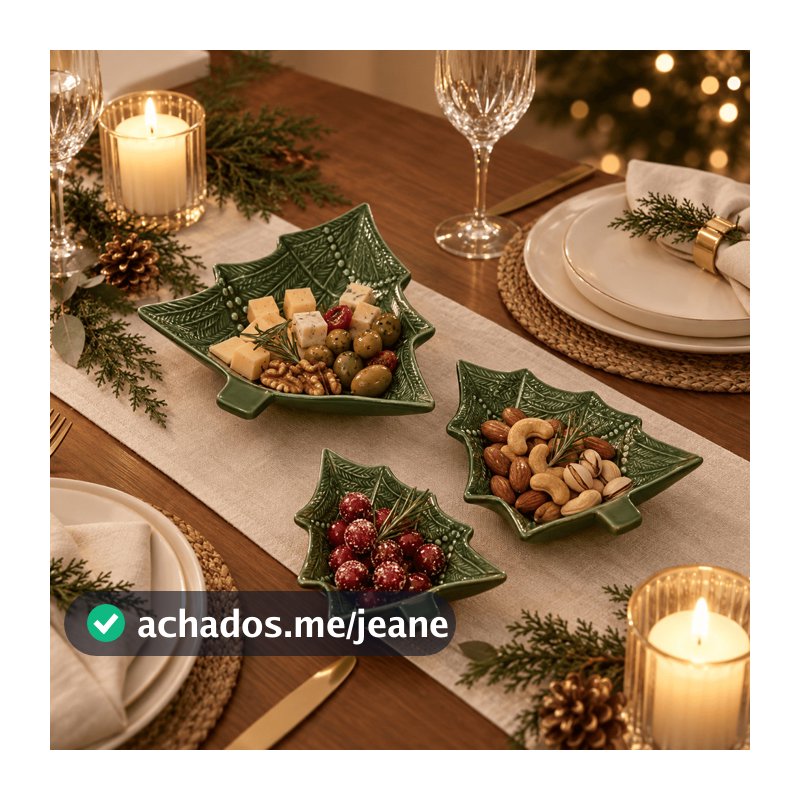 Kit / Conjunto Petisqueira Natal Árvore de Natal Alto Relevo Funda Verde em Cerâmica Ideal Para Mesa Posta Scalla 2a