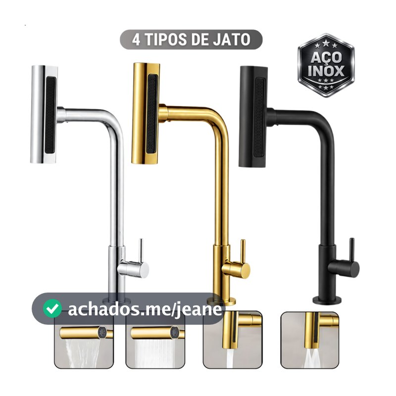 Torneira para Pia de Cozinha Gourmet Bancada 4 Jatos Bica Alta Giro 360 Preta Cromada Dourada