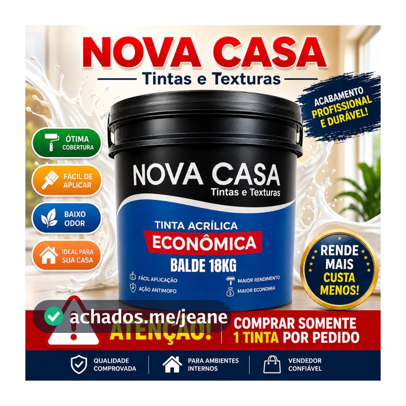 Tinta Acrílica Econômica 18kg Nova Casa – Alto Rendimento para Parede Interna | 6 Cores Disponíveis