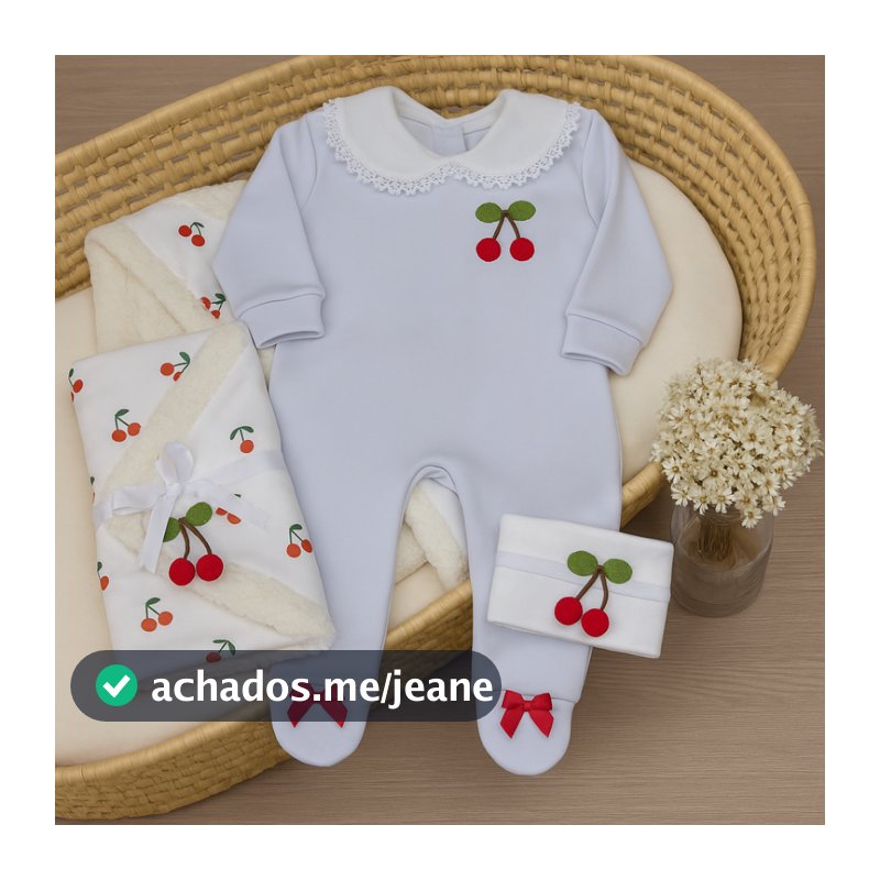 Kit Macacao Bebe Algodao e Cobertor Sherpa Cerejinhas Saida Maternidade Enxoval Recem Nascido