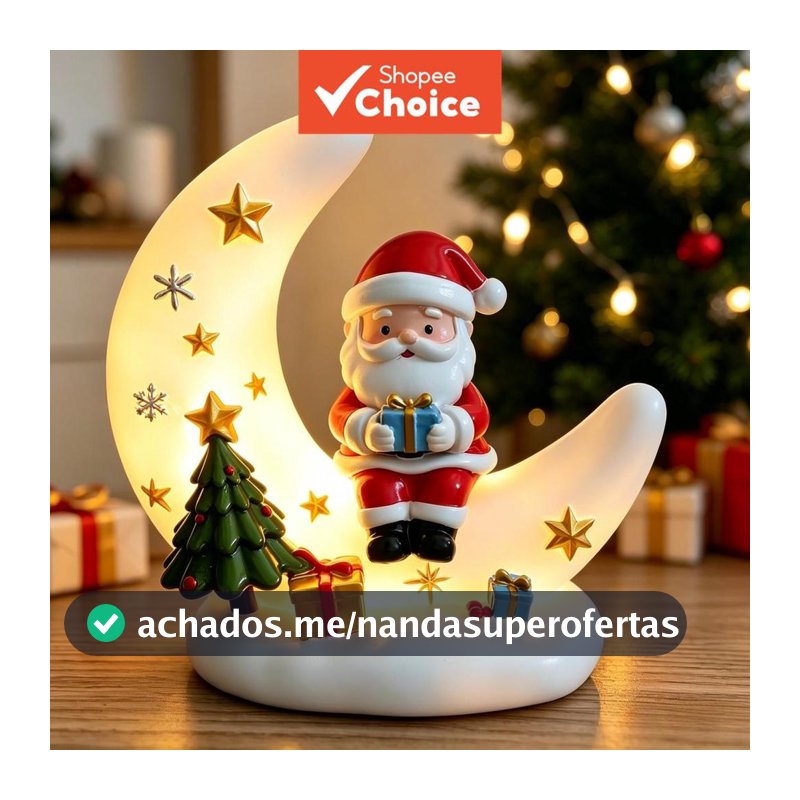 Enfeite de resina para mesa natalina com luz noturna, formato de lua e Papai Noel, ideal para decoração de Natal em casa