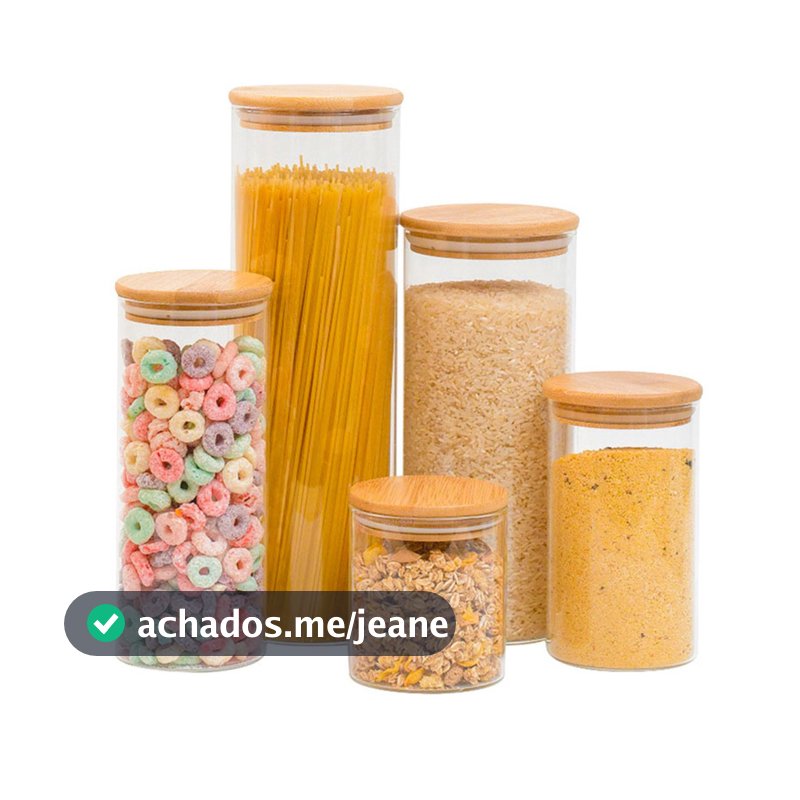 Kit de 5 potes de vidro com tampa de bambu hermético - Tüd