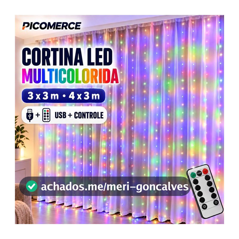 Cortina de Luz LED Multicolorida 3x3m ou 4x3m USB com Controle Remoto, 8 Modos para Festa e Decoração