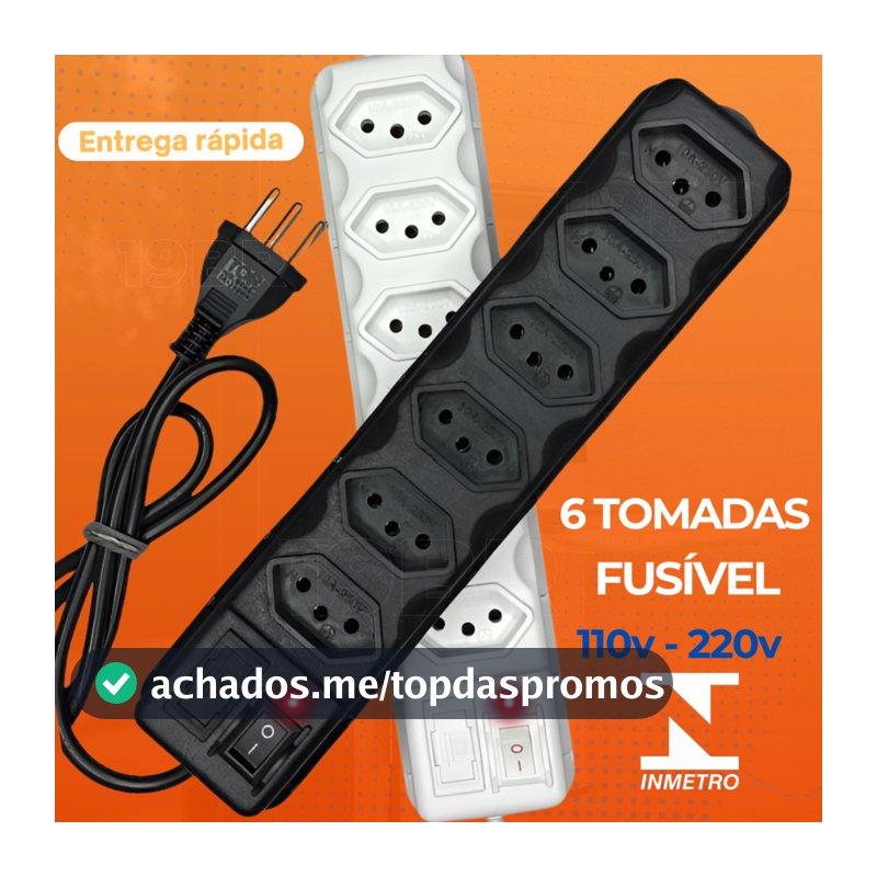 Filtro de Linha Régua de Tomadas 6 Tomadas Tripolar 10 Amperes Com Fusível