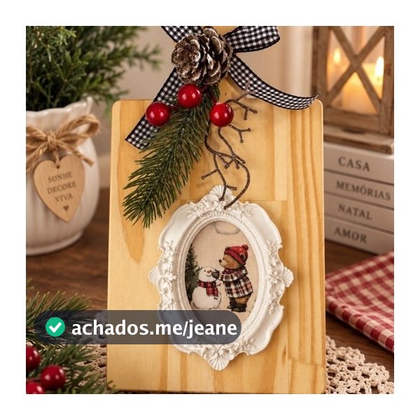 Placa Decorativa de Natal Farmhouse com Moldura e Laço Xadrez