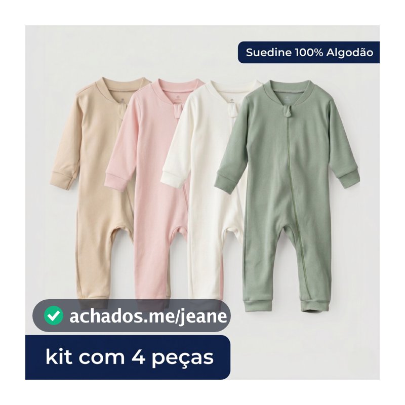 Kit 4 Macacão Bebê Suedine 100% Algodão Recém-nascido a 1 ano Menino e Menina com Zíper