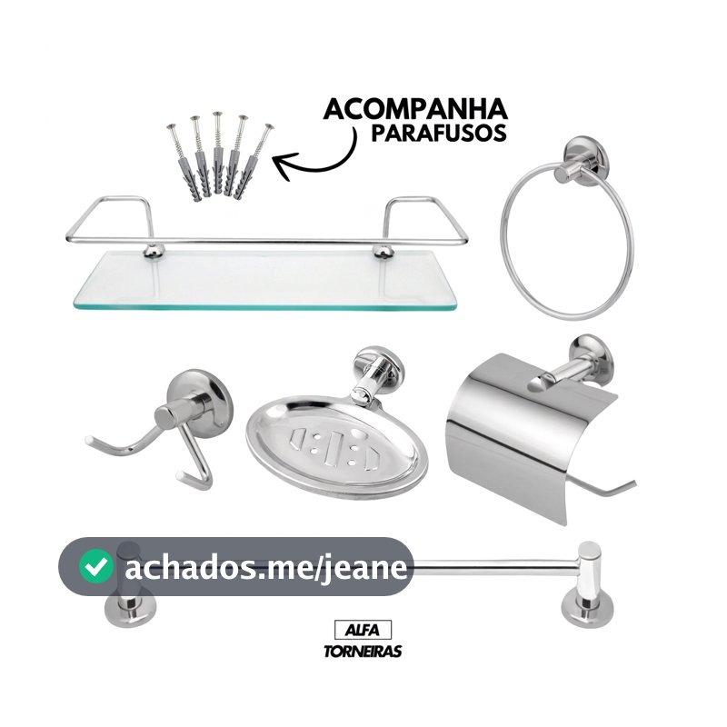 Kit Banheiro Acessórios 5 Peças + 1 Porta Shampoo Reto Inox Cromado Porta Toalhas Papeleira Saboneteira