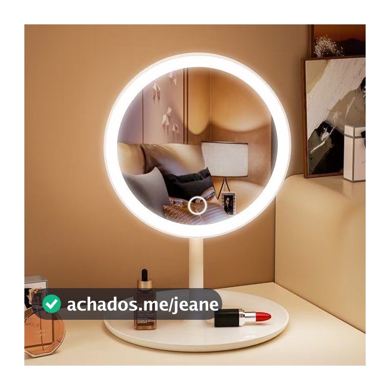 Espelho LED de Mesa com Bandeja Porta Maquiagem Luz 3 Cores Ajustável Touch USB