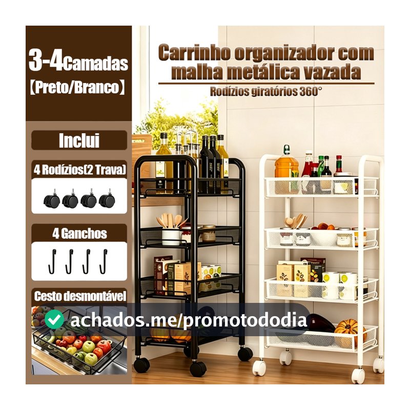 Carrinho Organizador de Cozinha 3/4 Camadas Com Rodas Resistente 4 Ganchos Grátis Cesto Drenagem Multifuncional