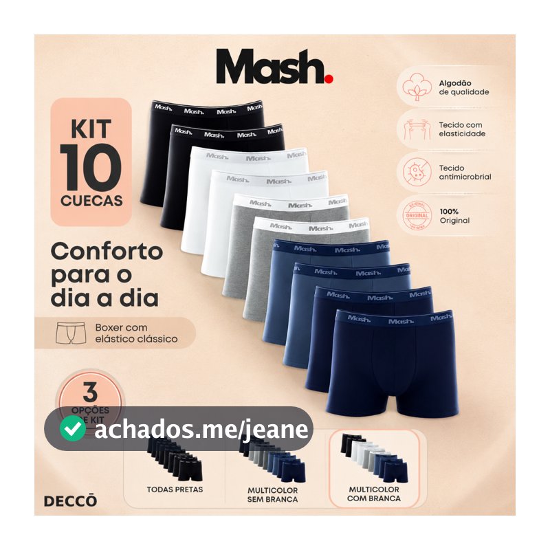 Kit com 10 Cuecas Mash Boxer box Modelo Tradicional em Cotton Algodao Original Masculina